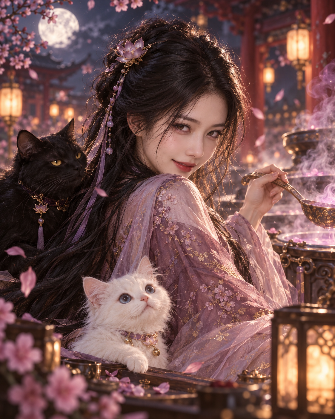 Faye in her lantern-lit world, with her two cats